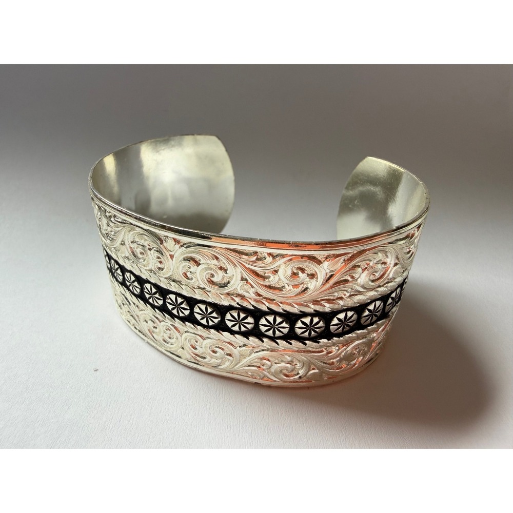 Western Floral Engraved Silver Tone Cuff Bracelet Black Starburst Wide Band